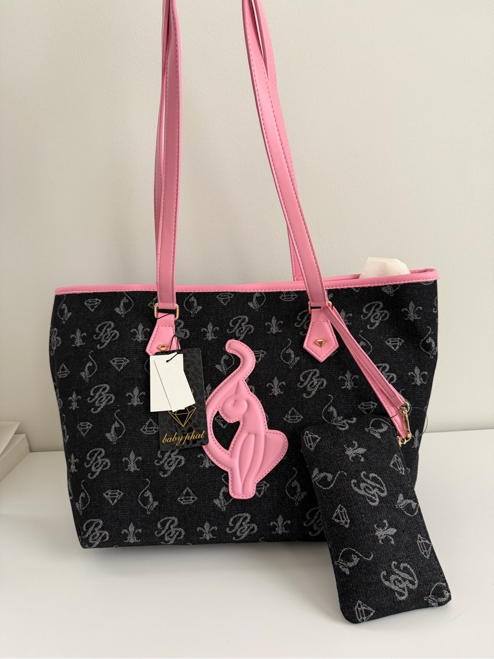 bp Black Tote with Pink Trim & Cat Appliqué